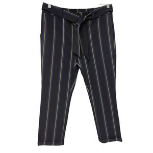 Loft Cropped Pants 10P Navy Blue High Rise Striped Belted Twill Cuffed NWT‎